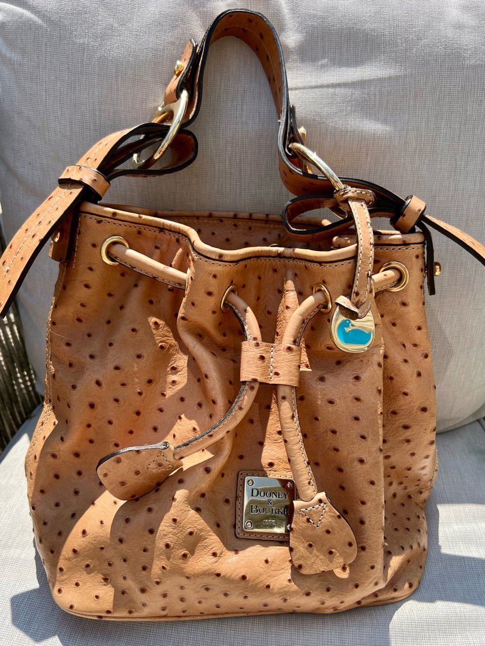 Dooney & Bourke Tan Ostrich-Embossed Leather Drawstring Bucket Bag